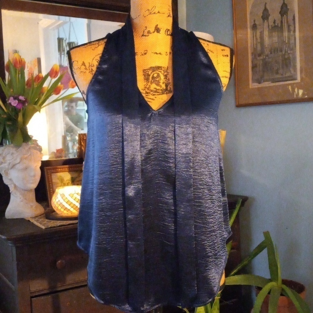 Anthropologie Maeve Navy Satin Tie Neck Sleeveless Swing Blouse Top 2P - Picture 15 of 16